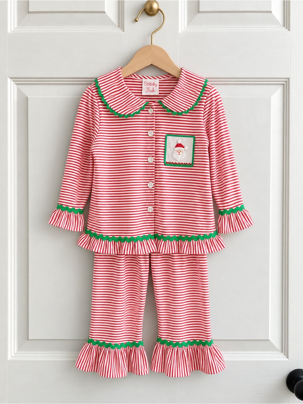Stitchy Fish Girls Size 7 Santa Christmas Striped Ruffle Pajama Set